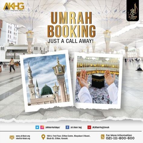 Start the journey to purify your intentions. Al.Khair offers affordable packages for Umrah pilgrims or you can request us for a customized Umrah package for your plans. For bookings, we are just a call away. ☎ UAN: 021-111-800-600 #umrah #umrah2022 #UmrahVisa #umrahpackages #pilgrims #Makkah #madinah #mecca #medina #instatravel #blessings #VISA #Karachites #Karachi #traveldiary #umrahbooking #travelagency #tickets #saudiarabia #travelling #islam #booknow #alkhair Photoshop Eyes, Mecca Medina, Travel Advertising Design, Umrah Package, Solo Adventure, Travel Advertising, Photoshop Design Ideas, Travel Poster Design, Travel Company