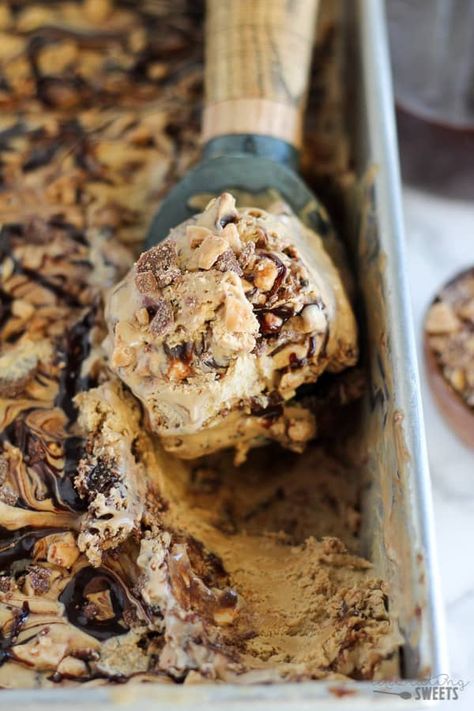 Creamy coffee ice cream filled with toffee bits and fudge swirls. No cooking and no ice cream maker needed for this easy no-churn recipe! Fudge Swirl Ice Cream, Toffee Fudge, Iced Cream, Coffee Toffee, Coffee Ice Cream Recipe, Swirl Ice Cream, Ice Cream Maker Recipes, Creamy Coffee, Homemade Ice Cream Recipes