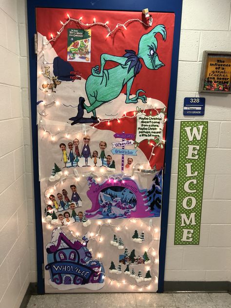 The Grinch Classroom Door Ideas, Whoville Office Door Decorating Ideas, Grinch Door Decorations Classroom Whoville, Christmas Door Decorations The Grinch, Elaborate Christmas Door Decorations, Unique Christmas Door Ideas, Welcome To Whoville Door Decoration, Grinch Door Decorating Ideas, Classroom Door Holiday Decorations