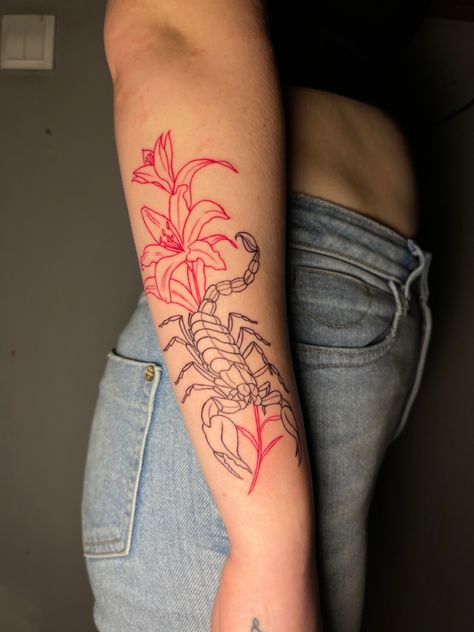 Scorpion Flower Tattoo Design, Tiger And Scorpion Tattoo, Scorpion And Flower Tattoo, Tiger Lily Nails, Scorpion Tattoo Red, Scorpion Flower Tattoo, Tiger Lily Tattoo, Scorpion Tattoo Design, Tiger Lily Tattoos