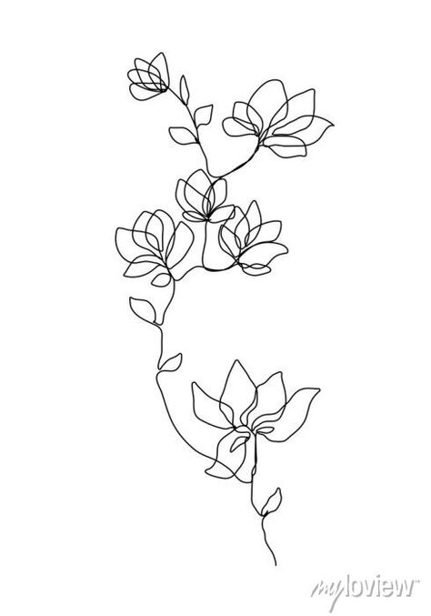 One line drawing vector flower. floral modern single line art, on prints from myloview. The best quality posters, , canvas prints, murals, stickers. Do you want to decorate your home? Only with myloview! Artline Tattoo Ideas, Greenery Line Art, Flower Single Line Drawing, Continuous Line Flower Drawing, Single Line Art Flower, Flower Art Line, Single Line Embroidery, One Line Flower Art, Single Line Flower Drawing