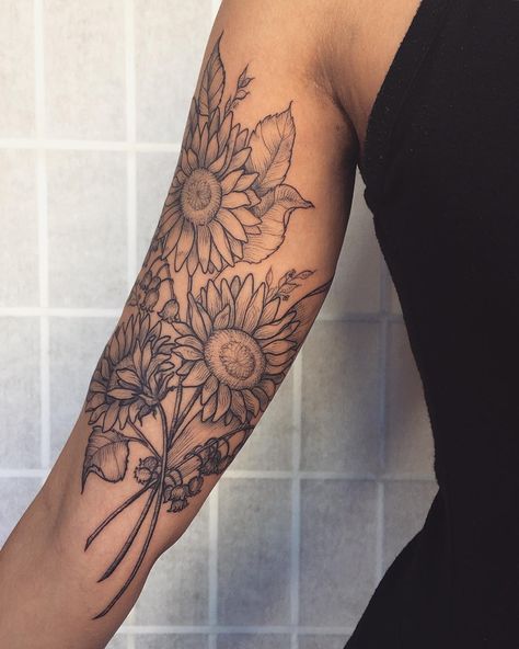 Thank you, Kiara!! Sunflowers and Lily of the valley ! 🌻🌾 Edgy Tattoo, Botanisches Tattoo, Sunflower Tattoo Thigh, Sunflower Tattoo Sleeve, Sunflower Tattoo Shoulder, Feminine Tattoo Sleeves, Marquesan Tattoos, Traditional Tattoo Sleeve, Tattoo Sleeves