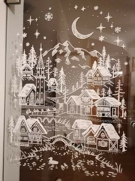 How To Draw On Windows For Christmas, Christmas Window Display Diy, Window Chalk Ideas, Winter Window Drawing Ideas, Posca Christmas Art, Posca Window Art Christmas, New Years Window Painting, Christmas Chalk Paint Windows, Window Christmas Painting Ideas