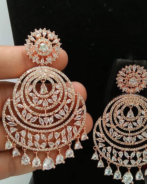 Trendy Zircon Chandbali Rose Indian Jewelry Design, American Diamond Earrings, Pakistani Earrings, Bridal Statement Earrings, Stone Necklace Set, Fancy Jewelry Necklace, Indian Bridal Jewelry Sets, Pearl Gifts, Chandbali Earrings