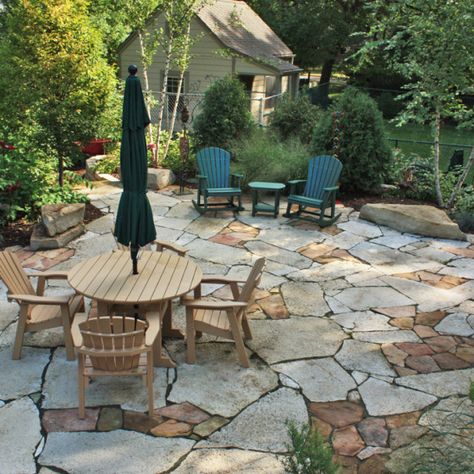 Flagstone Patio Decorating Ideas, Outdoor Flagstone Patio Ideas, Natural Stone Pavers Backyard, Stone Patio Backyard, Flagstone And Crushed Granite Patio, Organic Patio Design, Fieldstone Patio Ideas, Natural Rock Patio, Goshen Stone Patio