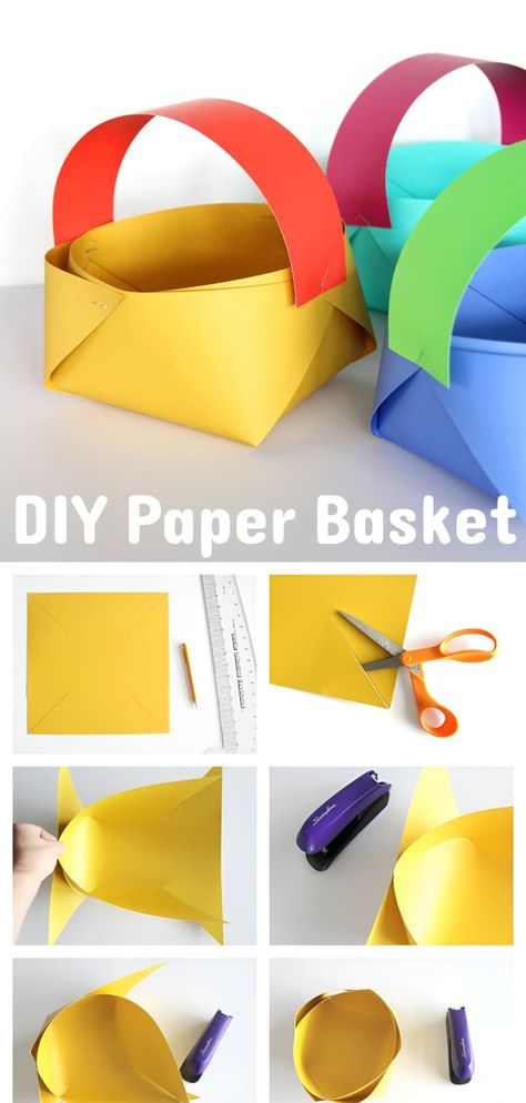 How to Make a Paper Basket Paper Baskets For Easter, Preschool Basket Craft, Paper Easter Baskets To Make, Construction Paper Basket, Easy Paper Easter Baskets, How To Make Easter Baskets Out Of Paper, Easy Easter Baskets To Make, Easter Egg Basket Craft, Easter Basket Crafts For Kids Easy Diy