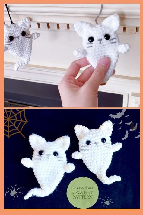 Free Halloween Crochet Patterns For Beginners, Halloween Crochet Beginner, Small Halloween Crochet Patterns, Crochet Cat Ghost Pattern Free, Pumpkin Bag Crochet, Crochet Halloween Garland Free Pattern, Halloween Cat Crochet, Halloween Crochet Costumes, Halloween Crochet Keychain