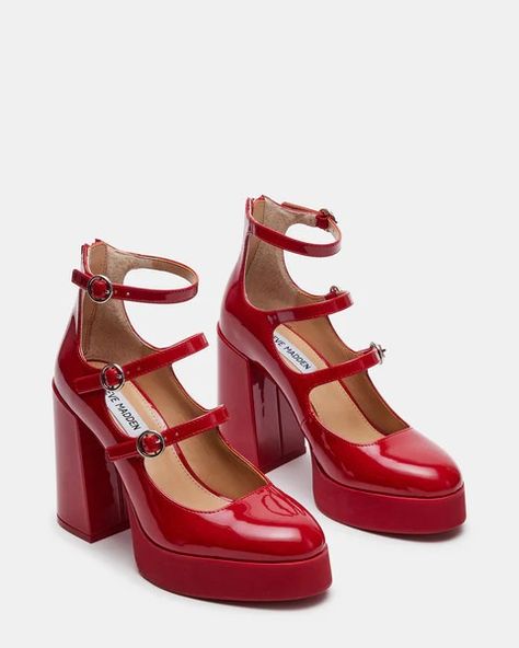 QUAD Red Patent Strappy Platform Mary Janes | Women's Heels – Steve Madden Mary Jane Shoes Outfit, Red Platform, Platform Mary Janes, Platform Block Heels, Block Heel Shoes, Karate Kid, Aesthetic Shoes, Mary Jane Pumps, Red Heels