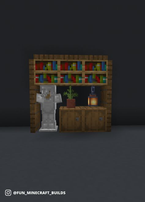 Simple armor stand decoration idea that is library themed for Minecraft Armor Stand Minecraft Ideas, Minecraft Armor Room, Minecraft Armor Stand Ideas, Armor Stand Minecraft, Minecraft Bookshelf Ideas, Simple Armor, Minecraft Bookshelf, Library Minecraft, Minecraft Armor