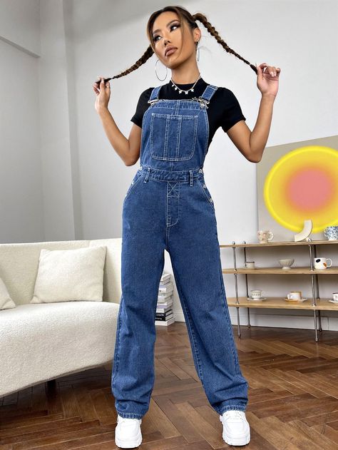 Medium Wash Preppy  Sleeveless Denim Plain Overall Embellished Non-Stretch  Women Denim Womens Dungarees Outfits, Denim Jump Suites Outfit, Demin Jumpsuit Outfits, How To Style A Jean Jumpsuit, Jean Dungarees Outfits, Overall Denim Outfits, Blue Jumpsuit Outfit Casual, Jumper Outfit Denim, Overall Jeans Outfit