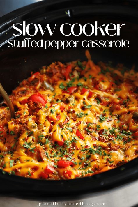 Slow Cooker Stuffed Pepper Casserole - Plantifully Based Unstuffed Turkey Recipe, Lazy Stuffed Peppers, Unstuffed Pepper Casserole, Pepper Casserole, Crockpot Stuffed Peppers, Vegan Ground Beef, Slow Cooker Stuffed Peppers, Stuffed Pepper Casserole, Crockpot Casserole