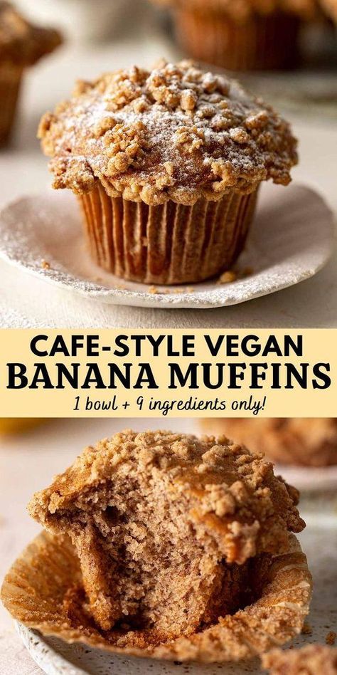 Fluffy vegan banana muffins with a crumb topping and gorgeous cafe-style high tops. They come together in one bowl and are easy to make! Vegan Breakfast Muffins, Vegan Banana Muffins, Vegan Baking Recipes, Vegan Muffins, Banana Muffin Recipe, Banana Bread Muffins, Vegan Cafe, Healthy Vegan Desserts, Vegan Banana Bread