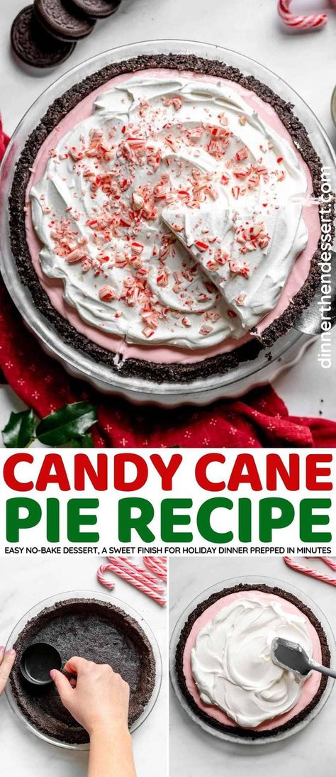 Candy Cane Pie is the perfect no-bake pie recipe to serve over the holidays with an Oreo crust and cream cheese peppermint filling. Candy Pie Recipes, Layered Peppermint Pie, Peppermint Pie Recipe Holidays, Oreo Peppermint Pie, No Bake Candy Cane Pie, No Bake Christmas Pie Recipes, No Bake Pies For Christmas, Village Inn Candy Cane Pie Recipe, Bakers Square Candy Cane Pie Recipe