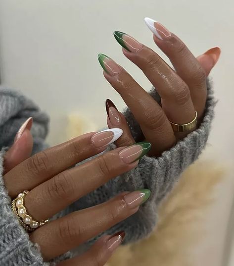 Colored French Tip Nails, Different Color Nails, Colored Nail Tips, Bauch Tattoos, Green Acrylic Nails, Classic Vibe, Colorful Nails, Almond Nails Designs, White Polish