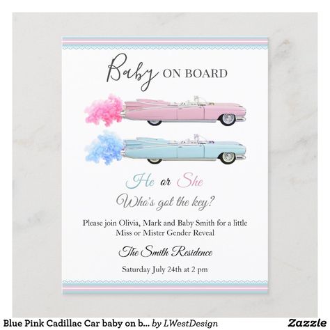 Car Gender Reveal, Cadillac Car, Gender Reveal Themes, Gender Reveal Ideas, Gender Reveal Party Invitations, Baby Shower Crafts, Pink Cadillac, Baby Gender Reveal Party, Baby On Board