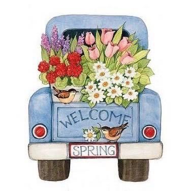 Truck With Flowers Drawing, Truck With Flowers Painting, Spring Truck Door Hanger, Spring Truck Painting, Flower Truck Drawing, Truck With Flowers, Truck Illustration, Truck Crafts, Vintage Clipart