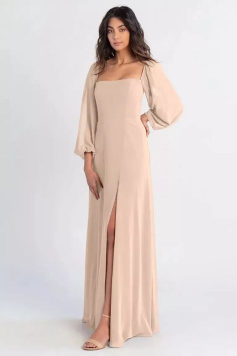 Bridesmaids Gowns With Sleeves, Jenny Yoo Bridesmaid, Long Sleeve Bridesmaid Dress, Long Sleeve Chiffon Dress, Bridesmaid Dresses With Sleeves, Fashion Top Outfits, Modest Bridesmaid Dresses, Jenny Yoo, Bridesmaid Dress Colors