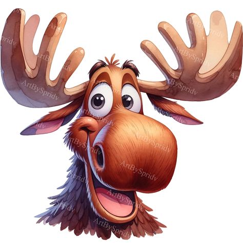 Watercolor Moose, Moose Cartoon, Cartoon Moose, Moose Pictures, Head Clipart, Moose Head, Animal Caricature, Whimsical Art Paintings, Clipart Cartoon