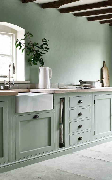 love this green shaker kitchen painted with neptune green paint with open shelving and white marble worktops and splash back. Click through for lots more beautiful decorating ideas with green paint - from pale sage green through bright pea green to the darkest shades of forest green. #decoratingideas #green #paint #frombritainwithloev #paintshades #kitchenideas Green Paint Colours, Decorate With Green, Green Shaker Kitchen, Sage Green Kitchen, Bilik Idaman, Painted Cabinets, Green Kitchen Cabinets, Kitchen Paint Colors, Green Cabinets