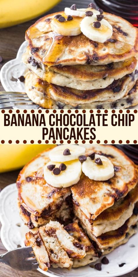 Pancakes Banana, Banana Chocolate Chip Pancakes, Chocolate Chip Pancakes, Banana Chocolate, Easy Brunch, Banana Chocolate Chip, Perfect Breakfast, Breakfast Dishes, Chocolate Chips