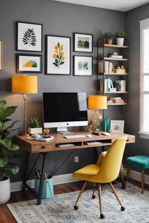 Crafting Your Oasis: Cozy Home Office Ideas that Inspire - West Magnolia Charm Yellow Office Ideas, Colourful Office Interior, Home Office Colour Scheme, Small Office Makeover, Hygge Office, Colourful Home Office, Cozy Home Office Ideas, Modern Study Rooms, Blue Home Offices