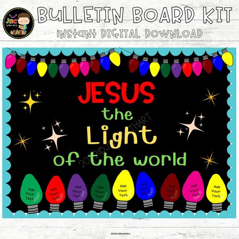 Christmas Bulletin Board Kit Bible verse Jesus The Light Of the World EDITABLE Christmas Light Bulletin Board Ideas, Oh Come Let Us Adore Him Bulletin Board, Christmas Bulletin Board Idea, Catholic Christmas Bulletin Boards, Happy Birthday Jesus Bulletin Board, Sunday School Christmas Decorations, Holiday Bulletin Boards For Preschool, Christmas Christian Bulletin Boards, Christmas Church Bulletin Boards