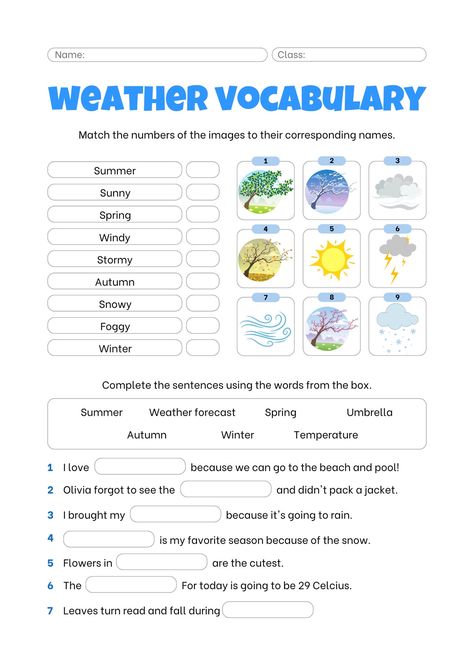 Blue White Simple Weather Vocabulary Worksheet - Templates by Canva Weather Worksheets, Weather Vocabulary, Free Homeschool Curriculum, English Language Course, English Speaking Skills, Going To Rain, English Lessons For Kids, Free Homeschool, Vocabulary Worksheets