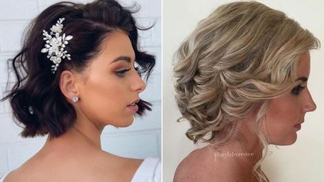 Short Hair Designs For Wedding, Short Curly Hair One Side Pinned Up, Formal Dress With Bob Hairstyle, One Side Pulled Back Wedding Hair Short, Wedding Waves Short Hair, Side Clip Hairstyles Short Hair, Short Bob Party Hairstyles, Wedding Hair For Bob Haircut, Short Hair Waves Wedding