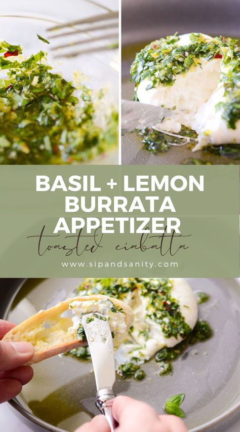 White Party Appetizers, Lemon Basil Burrata, Burrata On Toast, Burrata With Pesto, Burrata Dip Recipe, Easy Burrata Appetizer, Appetizers With Basil, Late Summer Appetizers, Burrata Cheese Appetizers