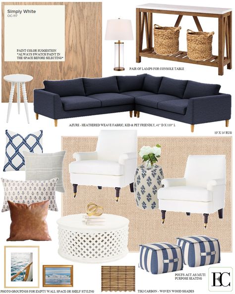 Navy Blue Couch Coastal Living Room, Living Room Decor Navy Couch, Industrial Coastal Living Room, Blue Sofa Mood Board, Navy Decor Living Room, Navy Sofa Living Room Colour Schemes, Navy Blue Couch Living Room Decor, Blue Sectional Living Room, Navy Blue Sofa Living Room