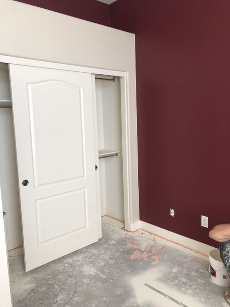 Burgundy Wall Bedroom, Bedroom Burgundy Ideas, Maroon Room Ideas Bedrooms, Maroon Accent Wall Bedroom, Dark Red Bedroom Walls, Maroon Walls Bedroom, Maroon Wall Paint, Maroon Wall Bedroom, Burgundy Accent Wall Bedroom