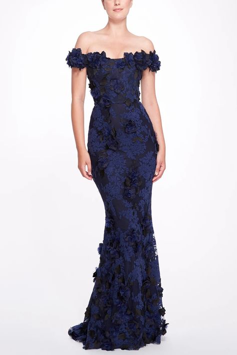 Couture Resort 2022 – Marchesa Marchesa Couture, Gown With Cape, Marchesa Dress, Navy Gown, Strapless Evening Gowns, Ruffle Gown, Floral Gown, Silk Gown, Gowns With Sleeves