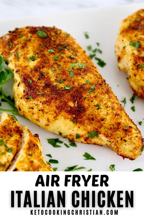 This delectable Air Fryer Italian Chicken recipe starts chicken perfectly seasoned with a zesty homemade Italian dressing mix. Cooked effortlessly in your air fryer until tender and juicy, your family will love it! #ketochicken #italianchicken #airfryerchicken Italian Dressing Chicken Air Fryer, Raw Chicken In Air Fryer, Chicken Breast Italian Recipes, Air Fryer Italian Chicken, Italian Seasoning Chicken, Chicken Breast Italian Dressing, Italian Chicken Breast Recipes, Italian Chicken Breast, Italian Dressing Chicken