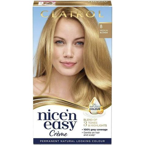 PRODUCT INFORMATION. Clairol Nice' n Easy Permanent Hair Dye - Shade No 8, Medium Blonde. Clairol Nice'n Easy is a natural looking, oil infused permanent home hair dye with a blend of 3 tones and highlights. 100% grey coverage. Find your perfect shade with the UK’s largest colour choice. Colour as real as you are! 1- Permanent colour crème hair dye. 2- Natural looking colour with a blend of 3 salon tones and highlights in 1 simple step. 3- Oil infused hair dye delivering soft and shiny results. Hair Dye Allergy, Medium Blonde Hair Color, Hair Dye Shades, How To Dye Hair At Home, Medium Blonde Hair, At Home Hair Color, Medium Blonde, Hair Color Shades, Permanent Hair Dye