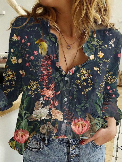 Women's Shirt Blouse Maroon Black Pink Graphic Floral Button Print Long Sleeve Casual Streetwear Vintage Shirt Collar Regular S 2023 - US $16.99 Women Floral Blouse, Shirts Women Fashion, Design Geometric, Women Blouses, Loose Shirts, Loose Blouse, Women Shirts Blouse, Long Blouse, Casual Blouse