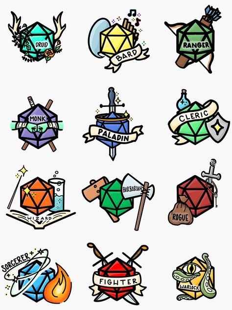 "D20 Classes" Sticker by kelsearae | Redbubble D&d Class Symbols, Dnd Clip Art, D&d Doodles, Dnd Class Symbols, Dungeons And Dragons Nail Art, Dnd Painting Ideas, Dnd Sticker Ideas, D&d Stickers, Dnd Cookies