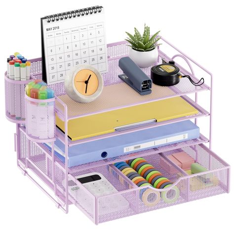 PRICES MAY VARY. 【Perfect Desktop File Organizer】Our Office Desk Supplies Organizer is made of 4 sliding trays + 2 Hanging Pencil Holders + 1 sliding drawer which has enough storage space to accommodate all office supplies, such as pens, pencils scissors, folders and Letter/A4 Size Paper 【Easy to Assemble】Screw-Free installation design makes the paper letter tray super easy to install without other tools. Installation can be completed in minutes 【Space Saving】 Outfit your space with the Hanging Must Have Office Supplies, Preppy Office Supplies, Office Desk Decor For Work, Home Office Desk Organization, Kids Desk Organization, Work Desk Organization, Desk File Organizer, Office Desk Supplies, Teachers Desk