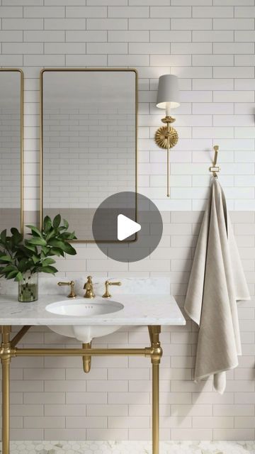 Edward Martin on Instagram: "Classic vibes, modern comfort: This bathroom combines the charm of subway tiles in a two toned design for a fresh look. ✨  Featuring: - Walls: Polly 3x10 Tile - Satin in Beige & White - Floor: Aniston 2x2 Hexagon Mosaic - Satin in Calacatta Top  #classic #bathroom #interiordesign #bathroomgoals #bathroomdesign #bathroomdecor #luxury #vintage #modern #aesthetic #tile #tiledesign #tilestyle #tilework" Vintage Modern Aesthetic, White Floor, Classic Bathroom, Bathroom Goals, Hexagonal Mosaic, Subway Tiles, White Floors, Tile Work, Style Tile