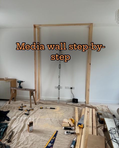 Media wall step-by-step in pictures 📸 Thought it might be useful to share this process of how we created our media wall. 🌟 We made the TV gap bigger incase we buy a bigger TV in the future 🌟 We also made the fireplace gap bigger for this reason too 🌟 There is a false wall behind the fireplace for easy access to the plug sockets #stepbystep #mediawallsteps #mediawalldesign #mediawallprogress #shelving #ikeabesta #ikeahack #handmade #diy #diymediawall #diyguide #homedesignideas #buildyour... How To Build Media Wall, Diy Media Wall With Fireplace, Media Wall Diy, Tv Media Wall Ideas, Diy Media Wall, Television Wall, False Wall, Diy Entertainment, Plug Sockets