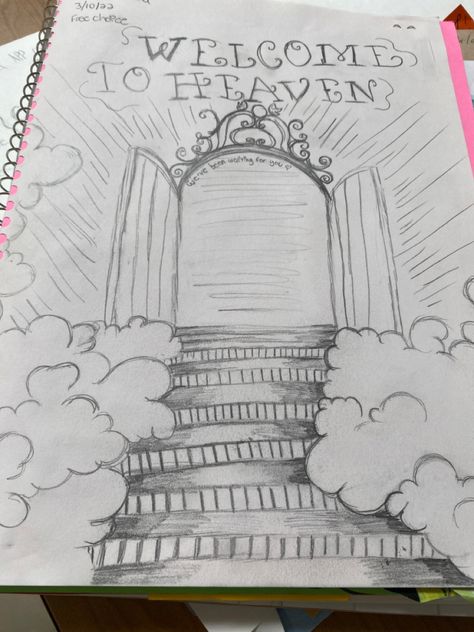 Drawings Of Heaven, Door To Heaven Drawing, Godly Drawings Ideas, Biblical Sketches Easy, Self Identity Art Projects, Christian Sketches Aesthetic, Christian Easy Drawings, Faith Based Drawings, Drawing Of Heaven