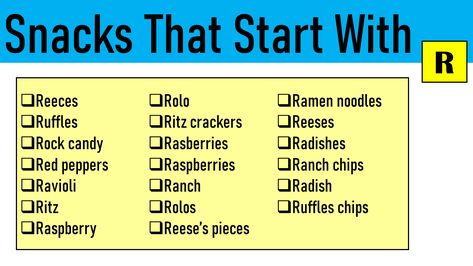 Snacks That Start With R: Below are some common snacks that start with r. Reeces Ruffles Rock candy Red peppers Ravioli Ritz Raspberry Rolo Ritz crackers Rasberries Raspberries Ranch Rolos Reese’s pieces Ramen noodles Reeses Radishes Ranch chips Radish Ruffles chips Other Snacks That Start With R Here’s a list of 20 snacks that start with the letter “R”: Rainbow Trail Mix: Mix of colorful candies, nuts, and dried fruits. Raisins: Dried, sweet grapes often eaten as a snack. R... Ruffles Chips, Rocky Road Ice Cream, Crispy Crackers, Raspberry Yogurt, Rice Krispie Cereal, Filled Pasta, Popcorn Seasoning, Colorful Cupcakes, Sweet Bar