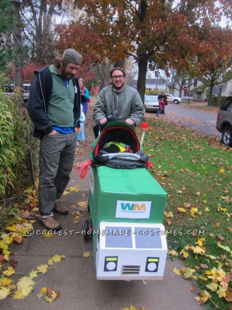 Our Little Waste Management Team Halloween Costumes Garbage Truck Stroller Costume, Garbage Bag Halloween Costume, Waste Management Costume, Stroller Costume, Team Halloween Costumes, Truck Videos, Homemade Costumes, Fun Birthday Party, Waste Management