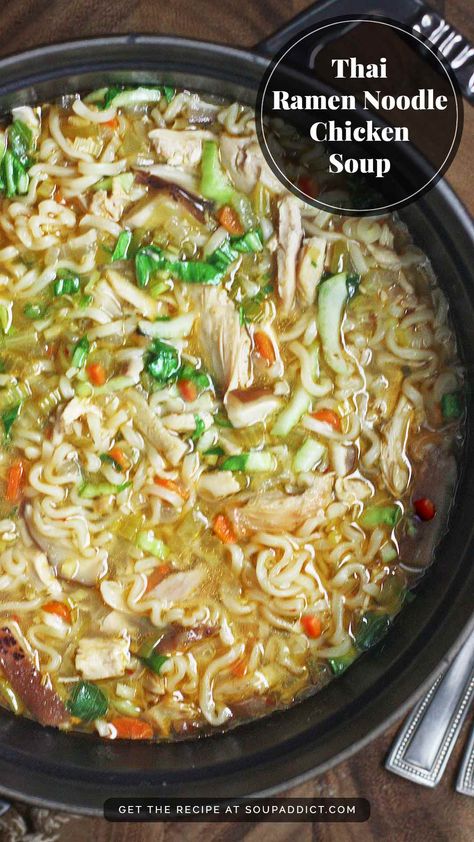 Thai Ramen Noodle Chicken Soup in large Dutch Oven. Ramen Noodle Chicken, Thai Ramen, Korean Noodle Soup, Ramen Noodle Recipes Soup, Thai Ingredients, Ramen Soup Recipes, Hearty Chicken Soup, Chicken Ramen Recipe, Rotisserie Chicken Recipes Leftover