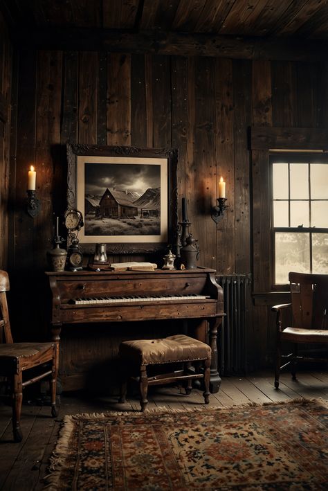 Immerse yourself in the enchanting ambiance of this rustic room, where the charm of yesteryear comes alive. The centerpiece—a vintage piano—invites you to play sweet melodies, surrounded by the soft flicker of candlelight that dances across the weathered walls. Cozy chairs beckon you to sit and linger, while a beautifully worn old rug adds warmth underfoot, grounding the space in history. A plush pouffe rests beside the piano, perfect for a moment of reflection. Cozy Piano Room, Old Piano Aesthetic, Vintage Piano Aesthetic, Victorian Music Room, 1800s House, Piano Lounge, Cozy Chairs, Piano Aesthetic, Hedda Gabler