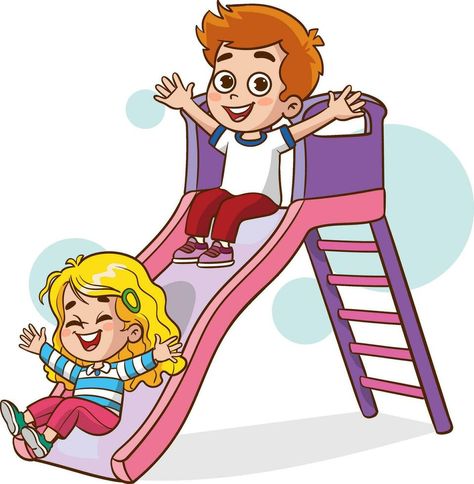 happy cute kids play slide vector Kids Playing Illustration, Slide Pictures, Childhood Memories Art, Action Pictures, English Learning Books, Drawing Competition, Bicycle Painting, Chinese Language Learning, English Fun