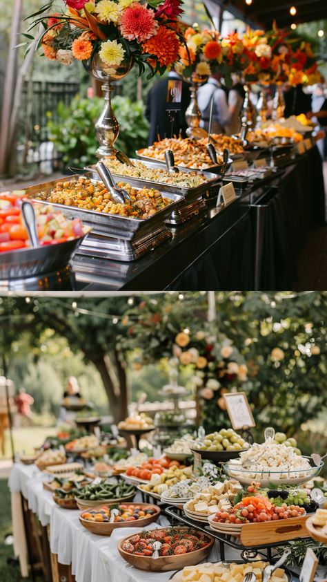 food station at a wedding party Dining Wedding Decor, Wedding Buffet Outdoor, Outdoor Buffet Wedding, Food Table At Wedding Reception, Outdoor Wedding Buffet Table Ideas, Table Setting Buffet Wedding, Wedding Buffets Ideas, Wedding Tasting Setup, Food Wedding Decor