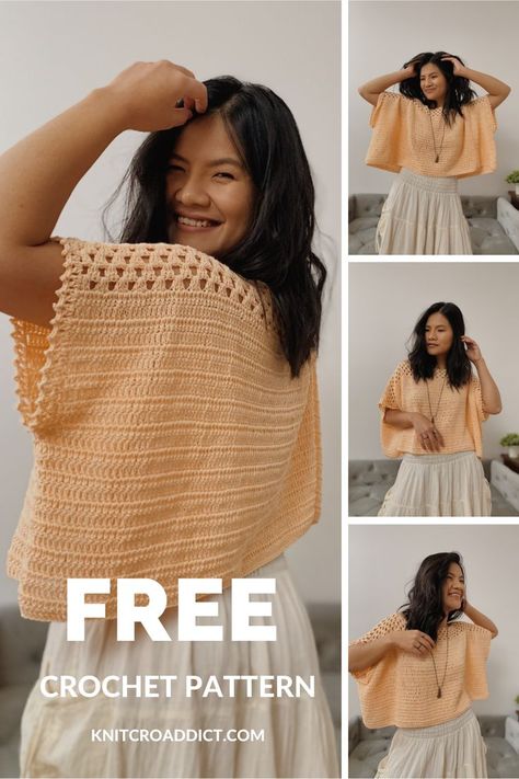 Simple crochet poncho top pattern made from 2 pieces and then sewn together. This free crochet top pattern includes women's sizes XS-XXL. Poncho Style Top, Crochet Top Outfit, Mode Crochet, Crochet Ladies Tops, Crochet Tops Free Patterns, Crochet Summer Tops, Crochet Granny Square, Crochet Fashion Patterns, Crochet Cardigan Pattern