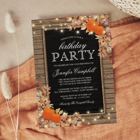 Rustic Country Autumn Fall Birthday Party Invitation Harvest Birthday Party, Fall Birthday Party Ideas, Country Birthday Party, Fall Birthday Invitations, Surprise 50th Birthday Party, Country Autumn, Fall Birthday Party, Surprise Birthday Invitations, Thanksgiving Dinner Ideas