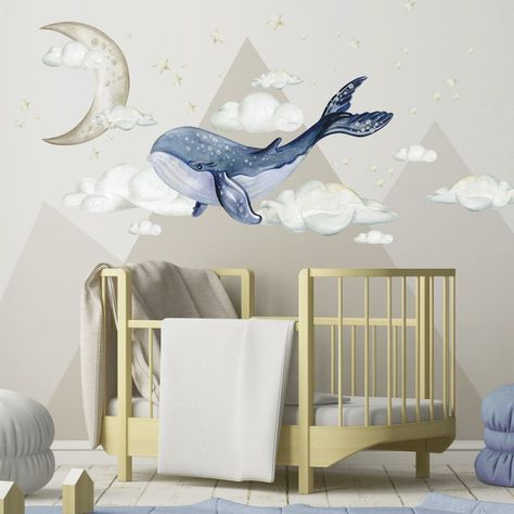 Whale Baby Room, Whale Wall Decals, Navy Blue Nursery, Big Stickers, Space Whale, Moon Decal, Ocean Themed Nursery, Whale Decor, Whale Nursery