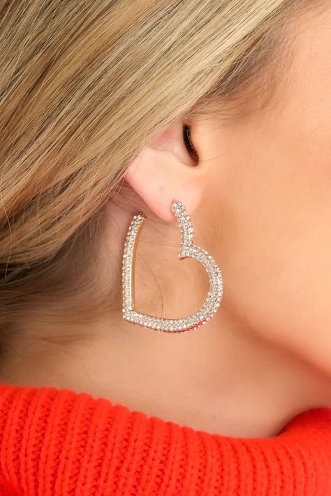 Addicted To Love Gold Heart Hoop Earrings | Red Dress Winter Typ, Minimalist Earrings Studs, Geometric Heart, Heart Hoop Earrings, Minimalist Studs, Heart Shaped Earrings, Sparkle Earrings, Rhinestone Heart, Trendy Earrings